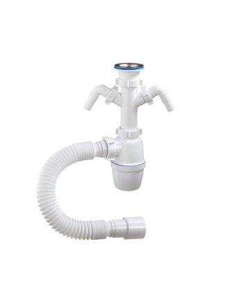 Сифон для мойки, 1" 1/2, 40х40/50, с выпуском, с двумя отводами, с гофрой, Orio, А-40069