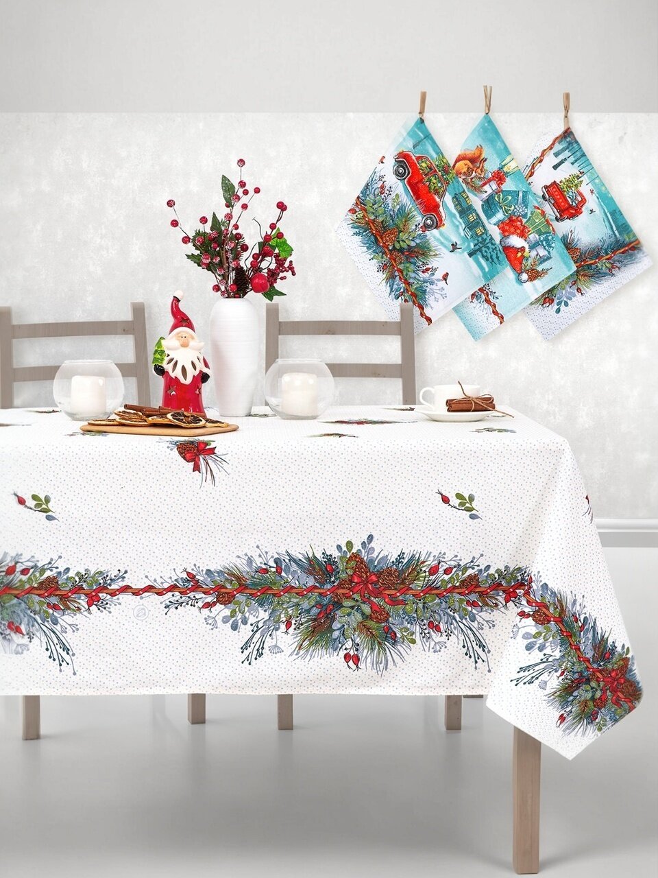 Набор подарочный скатерть 183х150 см + 3 полотенца 45х60 см, 100% хлопок, рогожка, подарочная упаковка, АртДизайн, Огонек, СБ.150.183