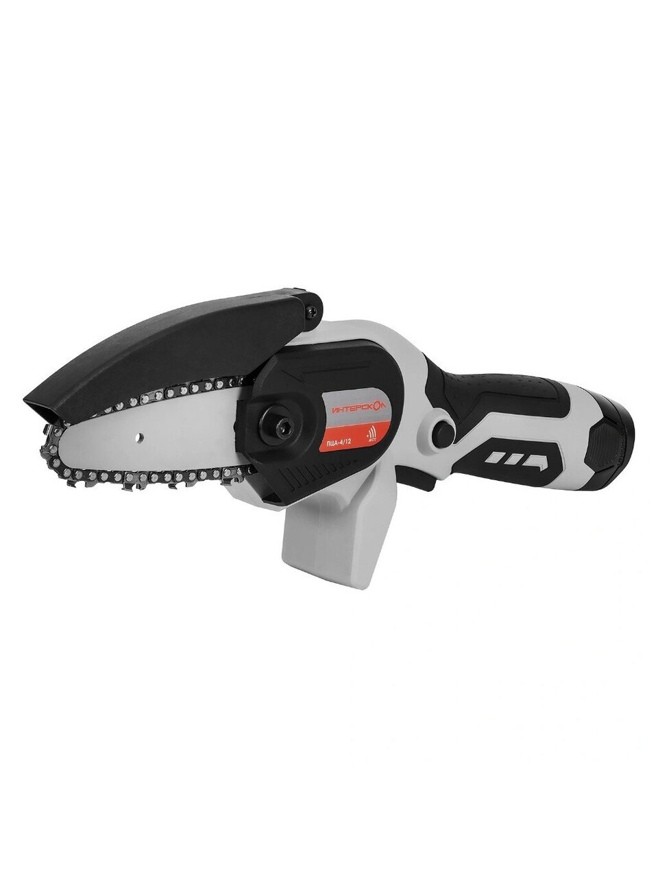 Пила цепная аккумуляторная, Интерскол, длина шины 12.7 см, шаг цепи 3/8 дюйм, 28 звеньев, ПЦА-4/12, Li-ion, 2 А.ч, зубчатый упор, 2 аккумулятора