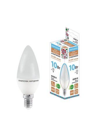 Лампа светодиодная E14, 10 Вт, 75 Вт, свеча, 6500 К, холодный белый свет, TDM Electric, Народная, SQ0340-1596