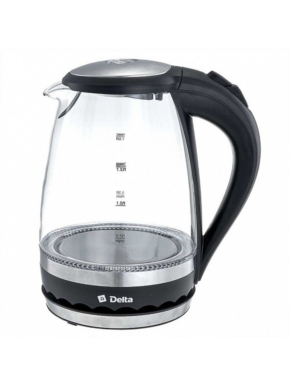 Чайник электрический Delta, DL-1202, черный, 1.5 л, 2200 Вт, скрытый нагревательный элемент, стекло