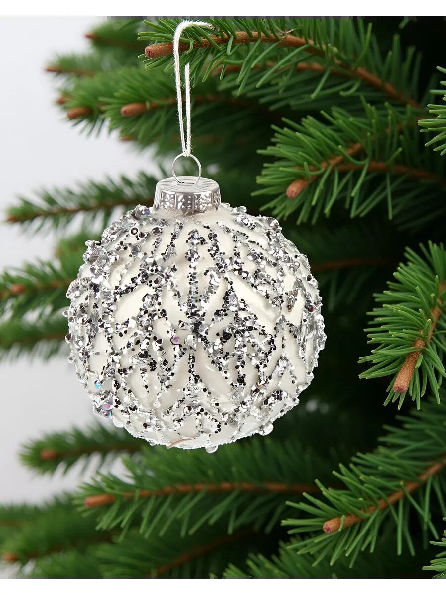 Елочный шар Серебряный лист, белый, 8 см, стекло, XF24-SC021