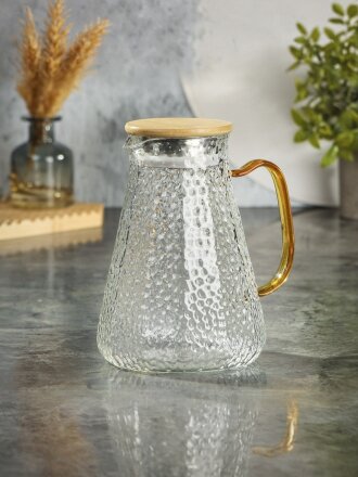 Кувшин стекло, 1.5 л, с крышкой, Daniks, HGTK-1500, с бамбуковой крышкой