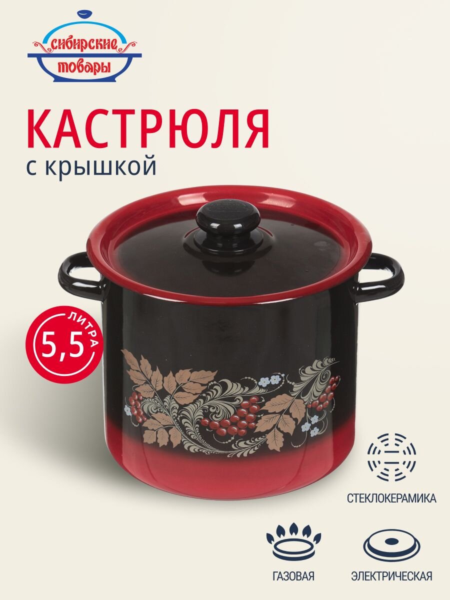 Кастрюля эмалированная сталь, 5.5 л, крышка сталь, цилиндрическая, Сибирские товары, С1617.38, в ассортименте