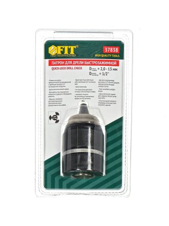 Патрон для дрели Fit, 2-13 мм, цельнометаллический, быстрозажимной, 3-кулачковый, под биту, 37838