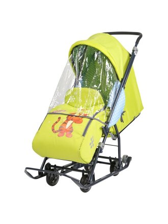 Санки-коляска Baby1, DB1/3, Тигруля, выдвыжные колеса, складной козырек, регулируемая спинка, тент, лимонные, Nika