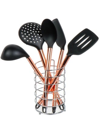 Набор кухонных принадлежностей 5 предметов, силикон, на подставке, черный, Y4-6436
