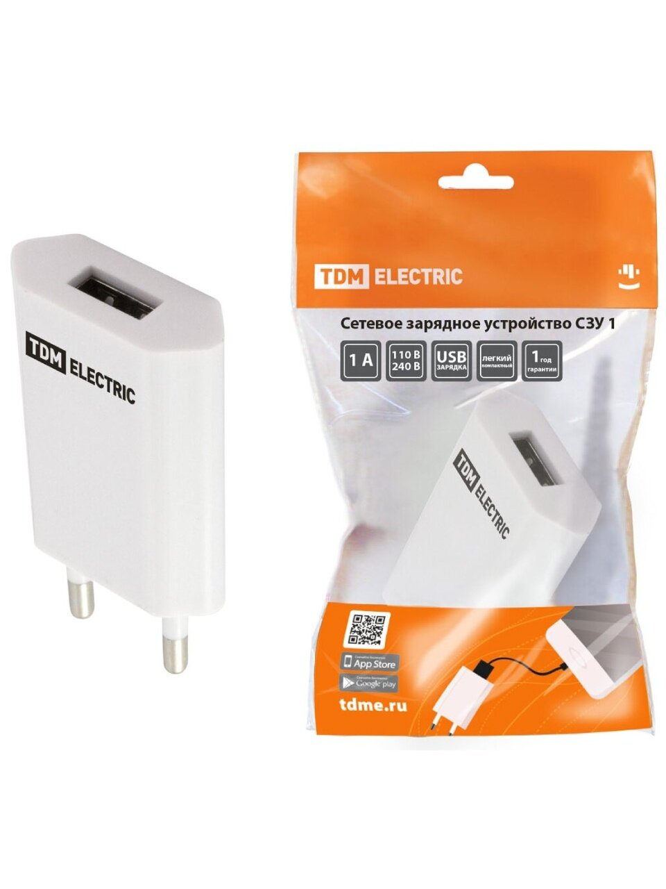 Зарядное устройство TDM Electric, СЗУ 1, 1 разъем, 1 А, белое, SQ1810-0001