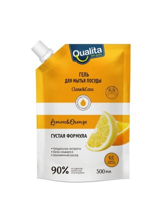 Средство для мытья посуды Qualita, Лимон и апельсин, 500 мл, дой-пак