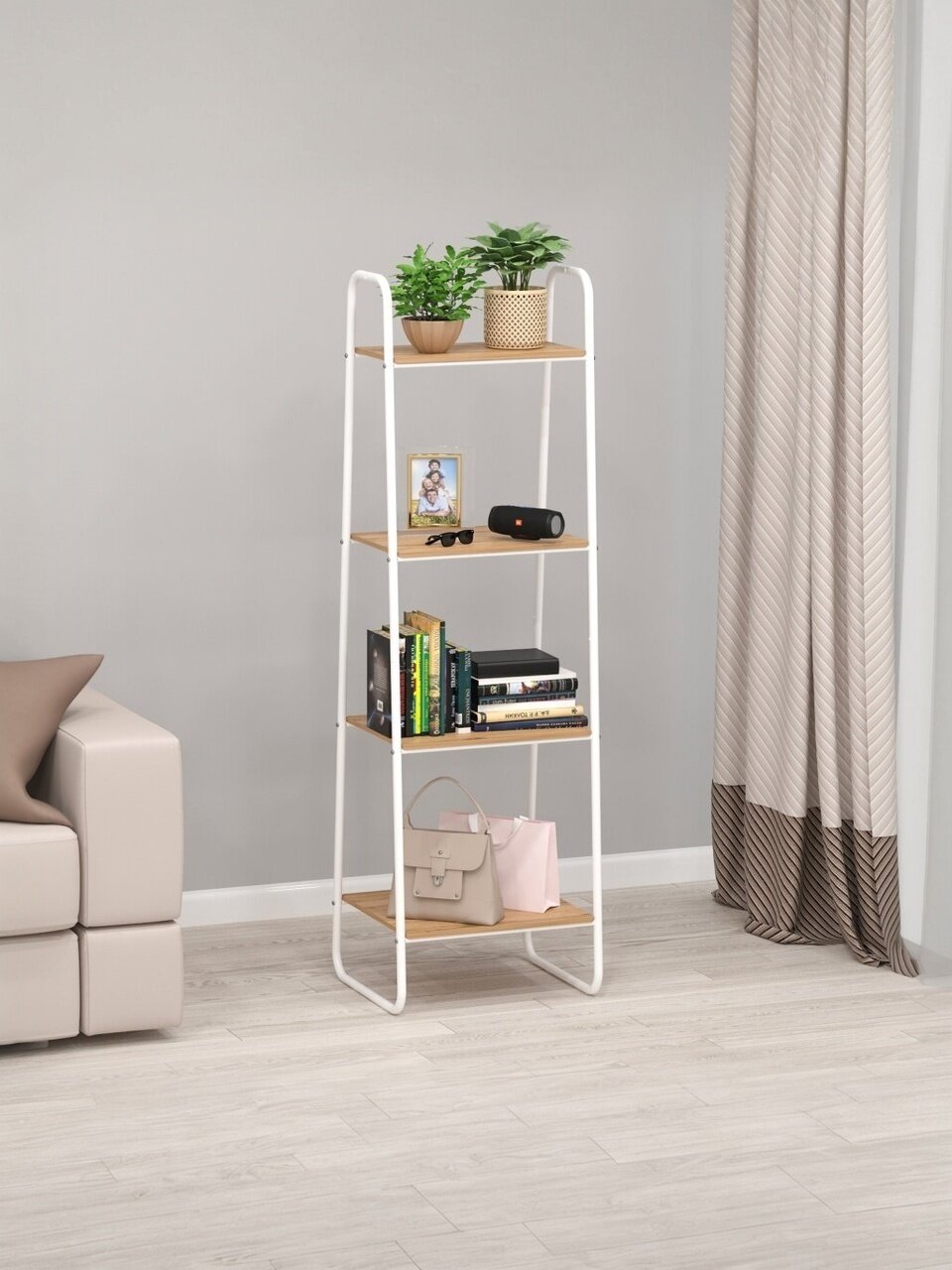 Стеллаж металл, ЛДСП, 4 секции, 45х38.5х147 см, белый, ЗМИ, Скандинавия 14, СТСП14 Б