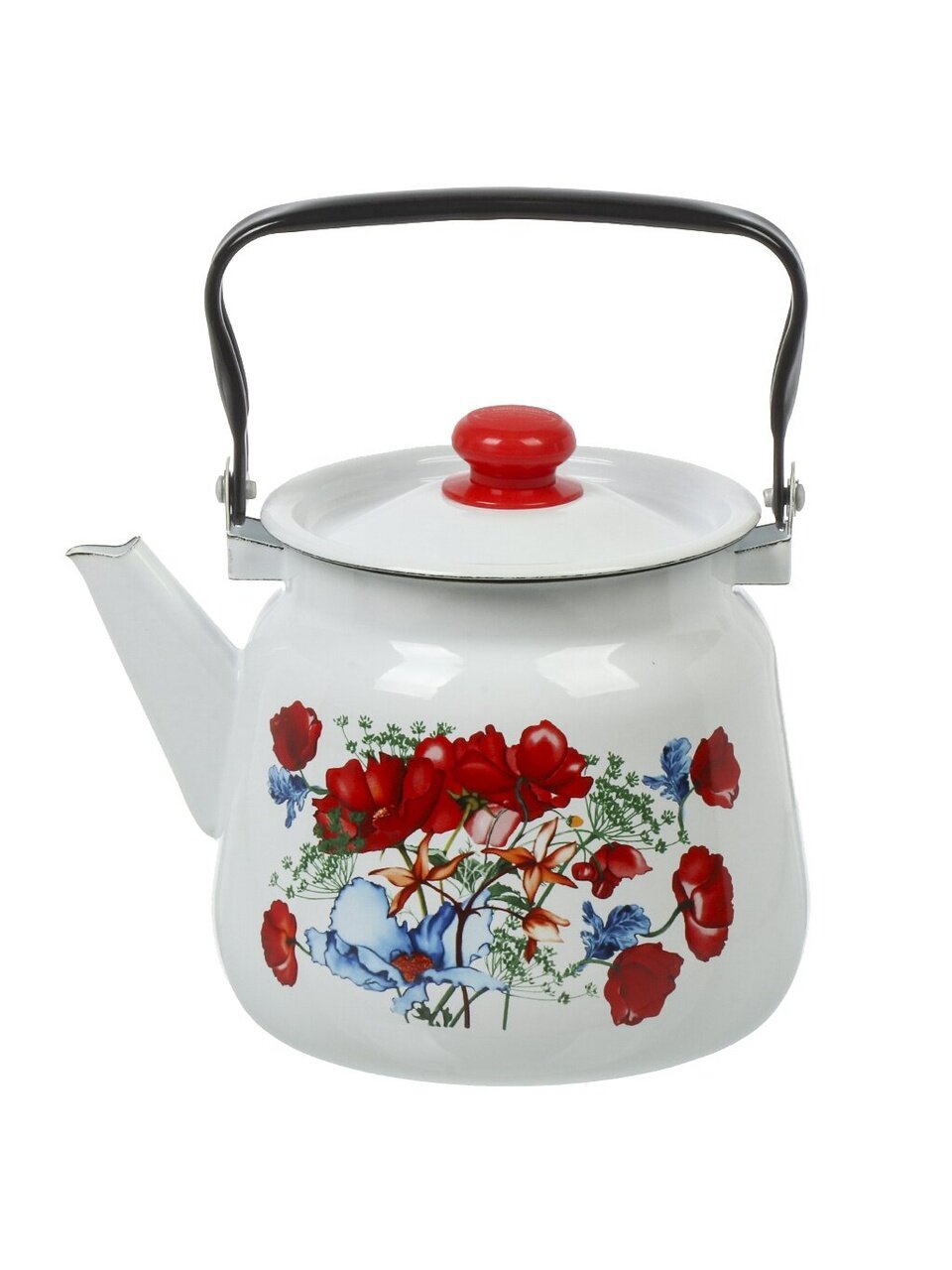 Чайник сталь, эмалированное покрытие, 3.5 л, с кнопкой, Сибирские товары, Цветы красные, белый, С2716.3*95