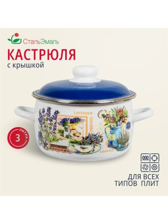 Кастрюля эмалированная сталь, 3 л, крышка сталь, сферический, СтальЭмаль, Горная лаванда, 6RC181M, индукция