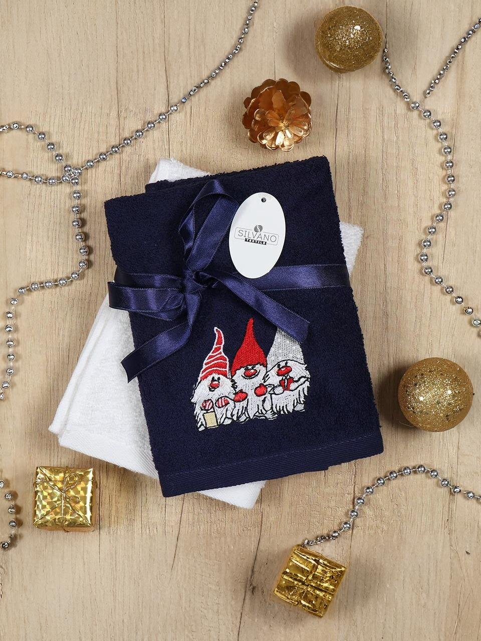 Набор полотенец кухонных 2 шт, 40х60 см, махровый, 100% хлопок, Silvano, Зимнее настроение Гномики, синий, Турция