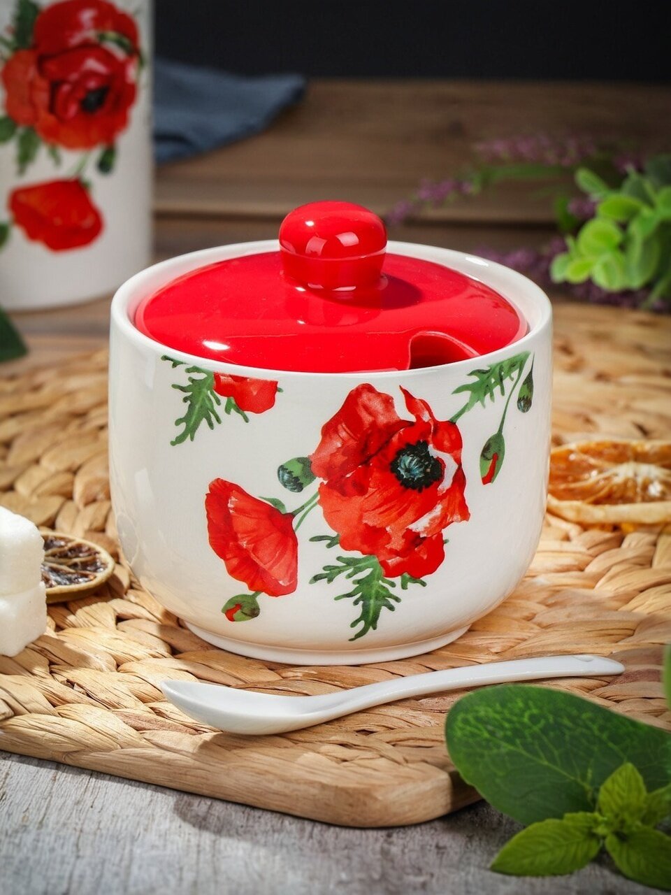 Сахарница 500 мл, доломит, с ложкой, Daniks, Алый мак