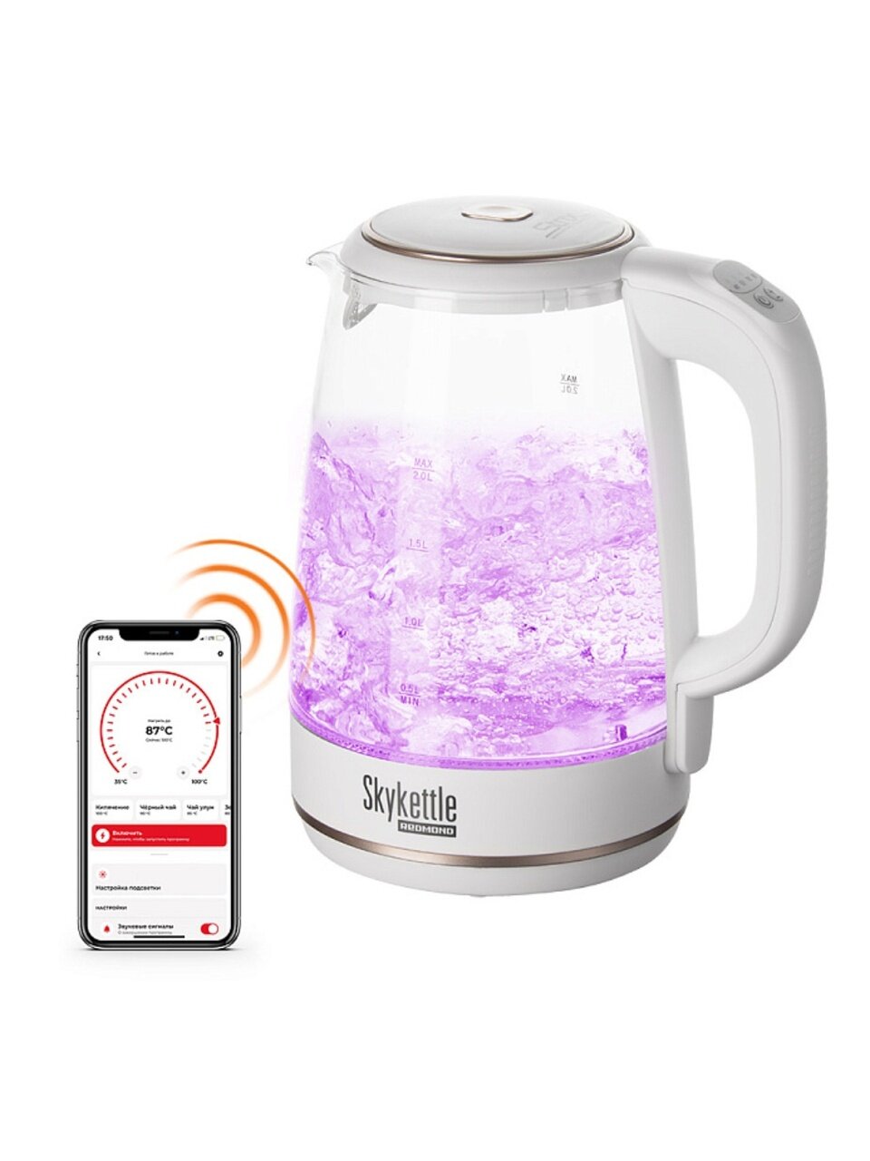 Чайник электрический Редмонд, SkyKettle RK-G203S, Strix, белый, 2 л, смарт, 2200 Вт, скрытый нагревательный элемент, стекло, пластик