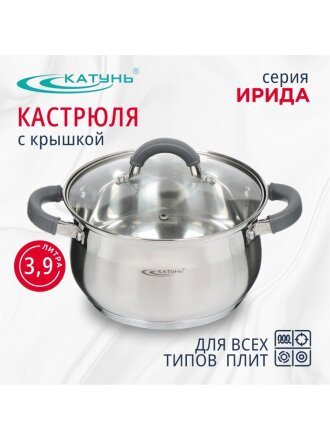 Кастрюля нержавеющая сталь, 3.9 л, крышка стекло, Катунь, Ирида, КТ08-D-20, индукция