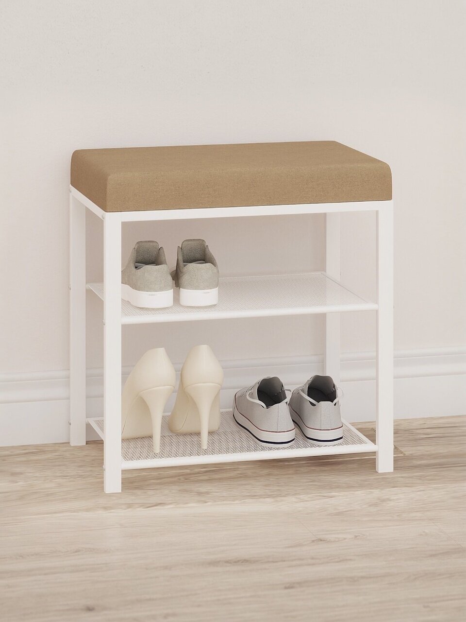 Полка для обуви металл/нубук, 2 секции, 47х30х49 см, с сиденьем, белый, бежевая, ЗМИ, Торонто 13S, БТ13СББ