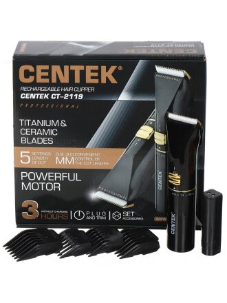 Машинка для стрижки Centek, CT-2119, аккумуляторная, 3 Вт, черно-золотая, ножи титан-керамика