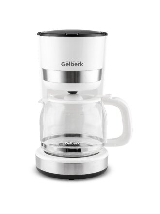 Кофеварка электрическая, капельная, пластик, стекло, 1.5 л, Gelberk, 1000 Вт, 12 порций, автоотключение, пластиковая ручка, белая, GL-CD209