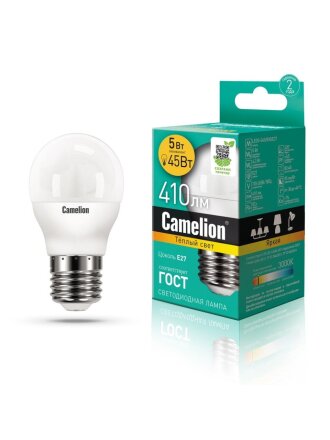 Лампа светодиодная E27, 5 Вт, 45 Вт, 220 В, шар, 3000 К, теплый белый свет, Camelion, 12028