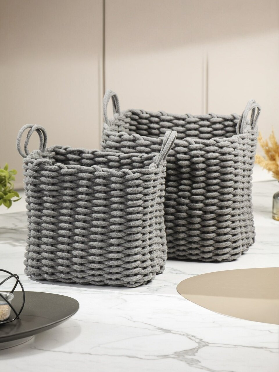 Набор плетеных корзин 2 шт, прямоугольный, хлопок, серый, 34х26х30 см, 30х21х26см, МП, Y4-8941