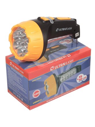 Фонарь ручной, встроенный аккумулятор, Ultraflash, 3 819, зарядка от сети 220 В, пластик, черно-желтый, 10974