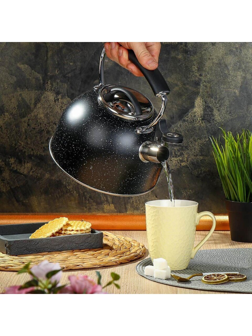 Чайник нержавеющая сталь, 2.7 л, со свистком, ручка бакелитовая, Daniks, Черный мрамор, индукция, PR-2205