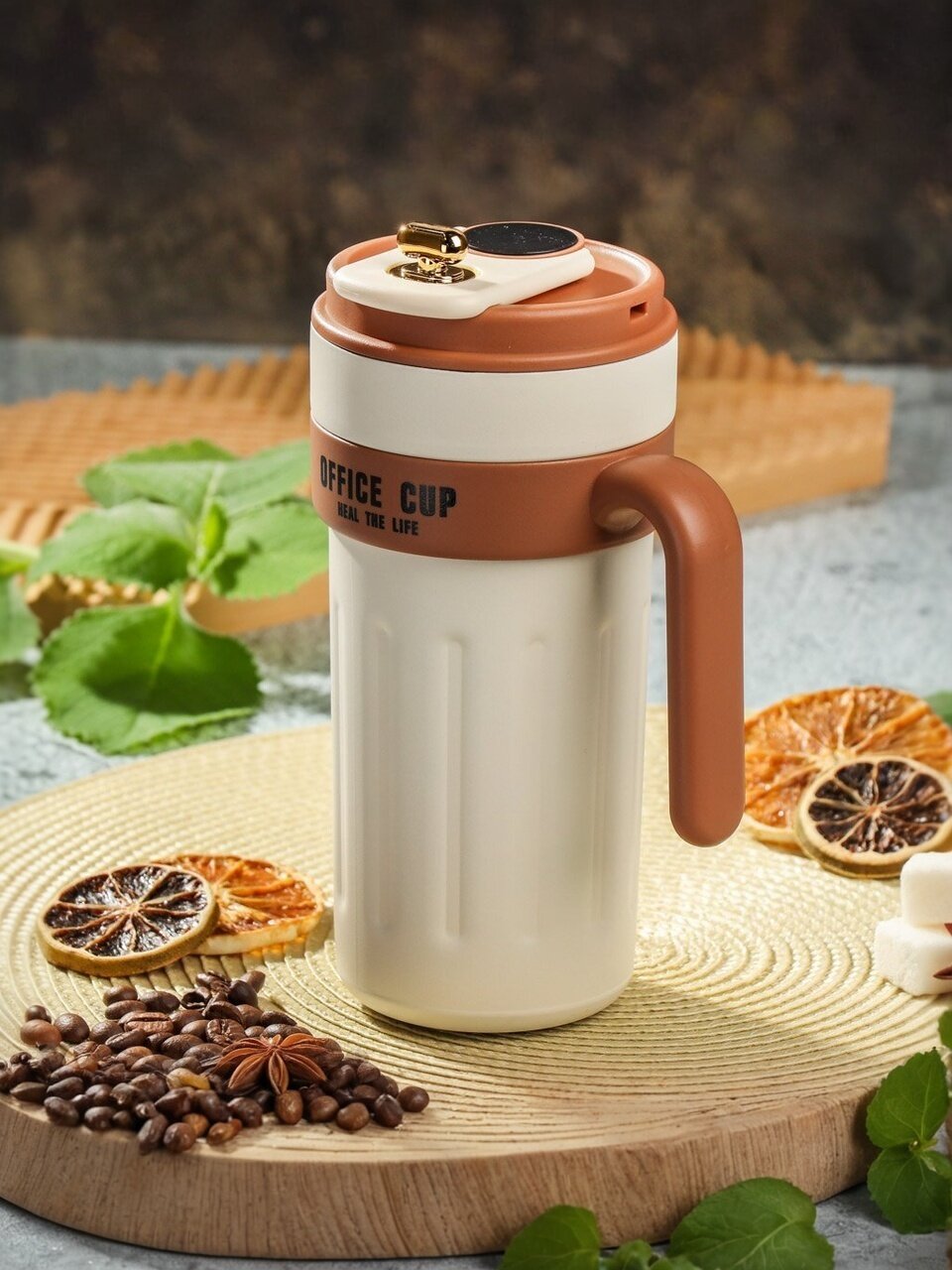 Термокружка нержавеющая сталь, 0.5 л, с датчиком, бежево-коричневая, B070051