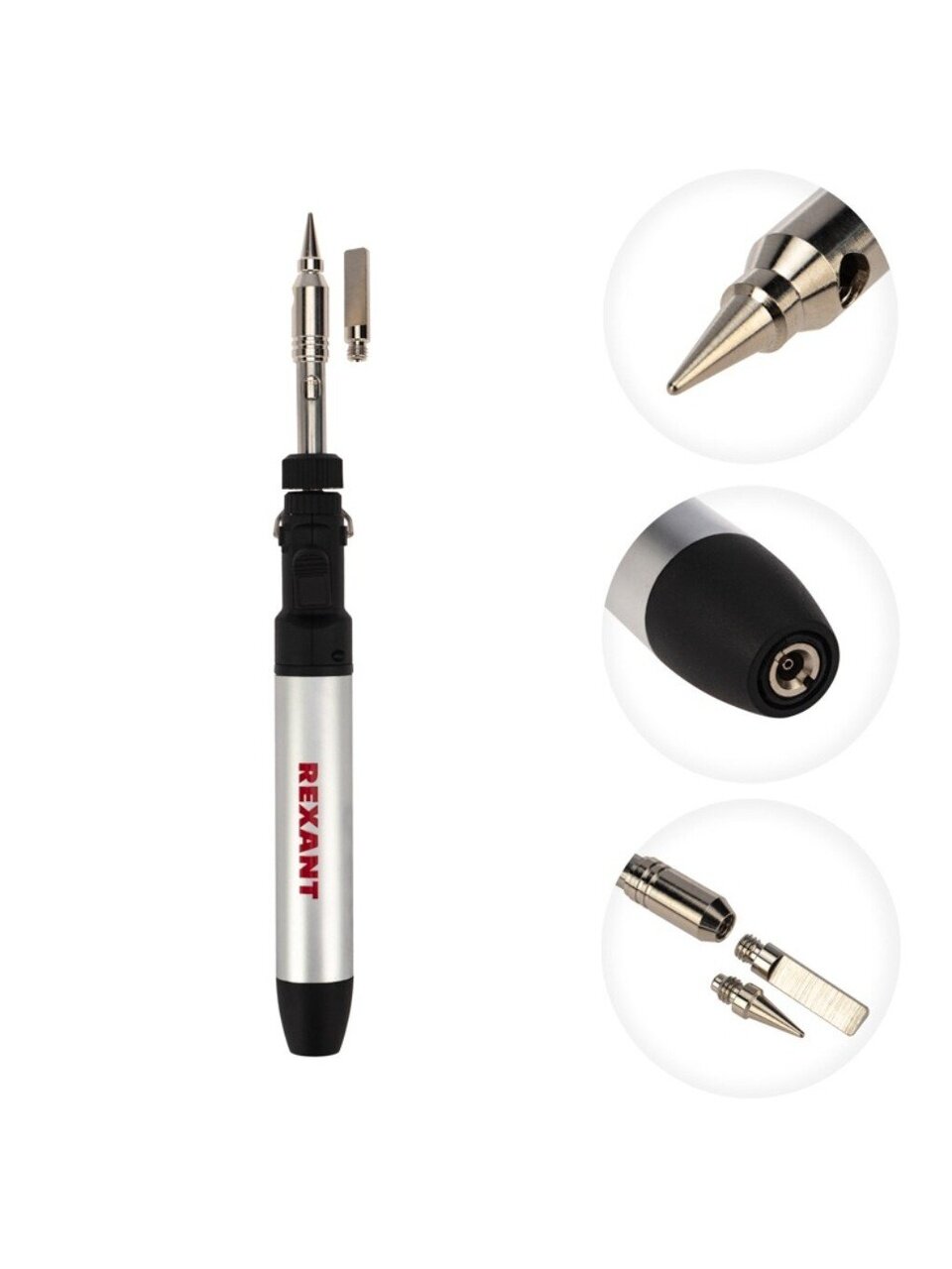 Паяльник-горелка газовый, 15 мл, с регулировкой пламени, 2 насадки, Rexant, 12-0185