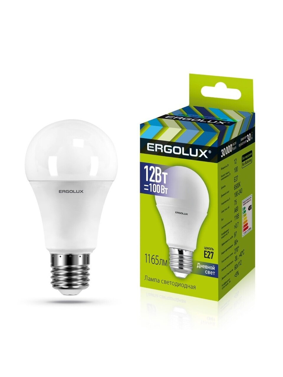 Лампа светодиодная E27, 12 Вт, 100 Вт, 220 В, груша, 6500 К, холодный белый свет, Ergolux, 12880