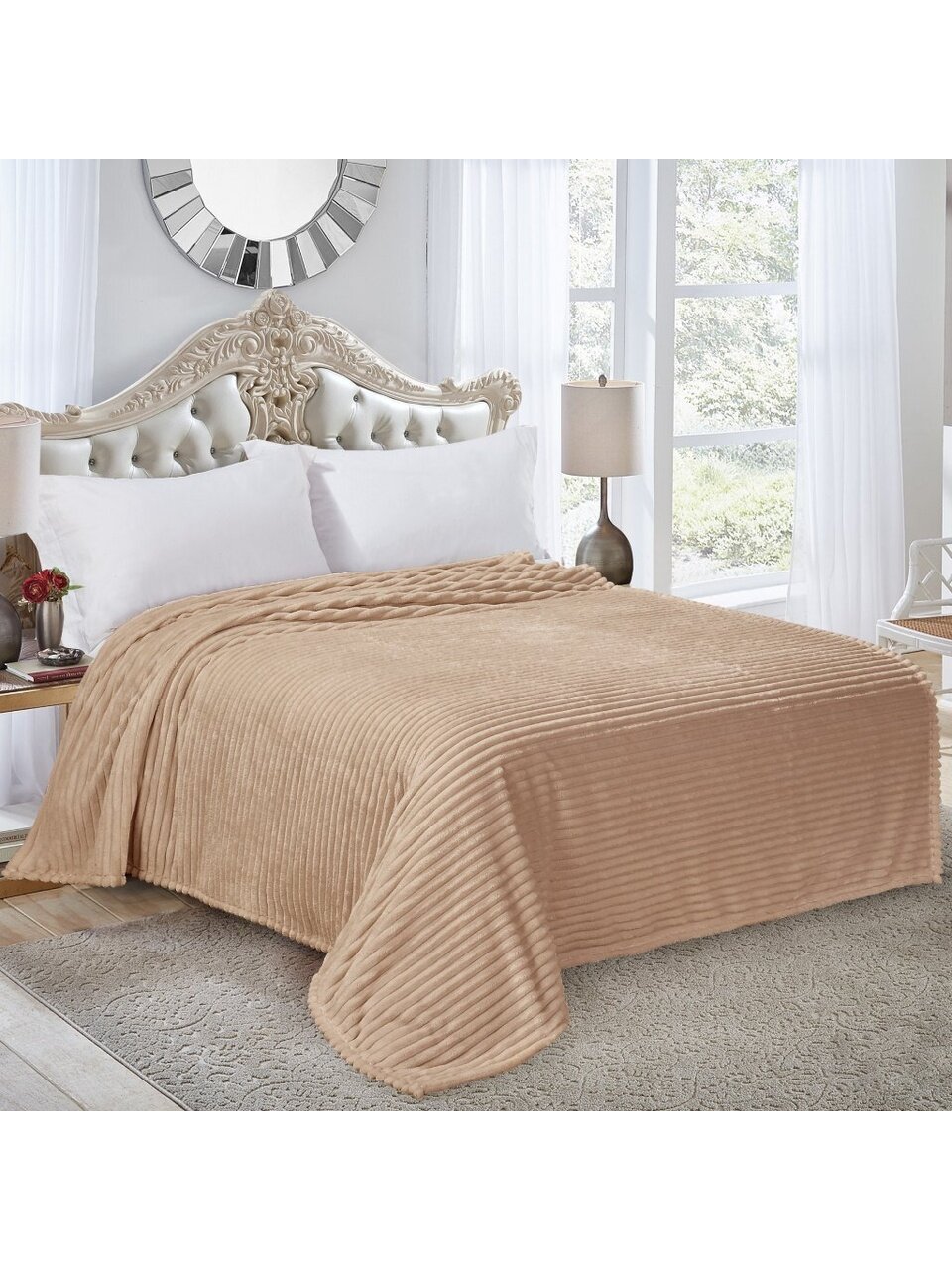 Плед евро, 200х220 см, велсофт жаккард, 100% полиэстер, Silvano, Полоски, бежевый, SP-223