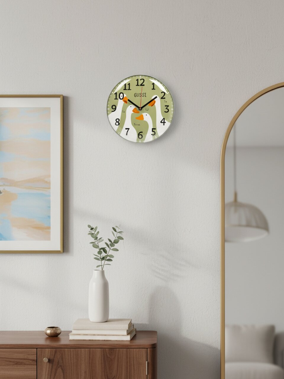 Часы настенные, кварцевые, 25 см, основание оливковое, круглые, Рубин, Гуси, 2526-102