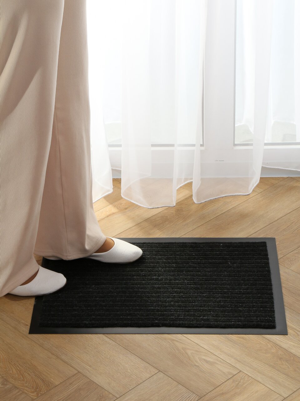 Коврик грязезащитный, 40х60 см, прямоугольный, резина, с ковролином, ребристый, черный, 35-033/w