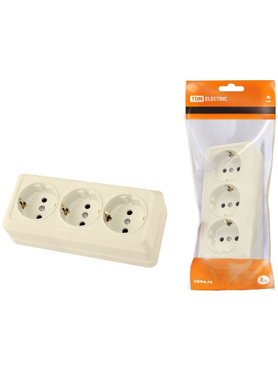 Розетка открытой установки, 3 гнезда, с заземлением, 16 А, пластик, IP20, слоновая кость, горизонтальная, 2П+3, TDM Electric, Ладога, SQ1801-0226