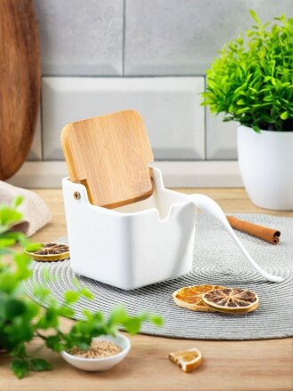 Банка для сыпучих продуктов, керамика, 0.26 л, 9х8х9 см, с крышкой, с ложкой, Y4-5026