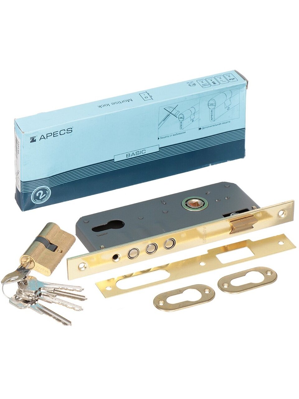Замок врезной Apecs, 2200/60-G, 2882, без ручки, цилиндровый, золотой