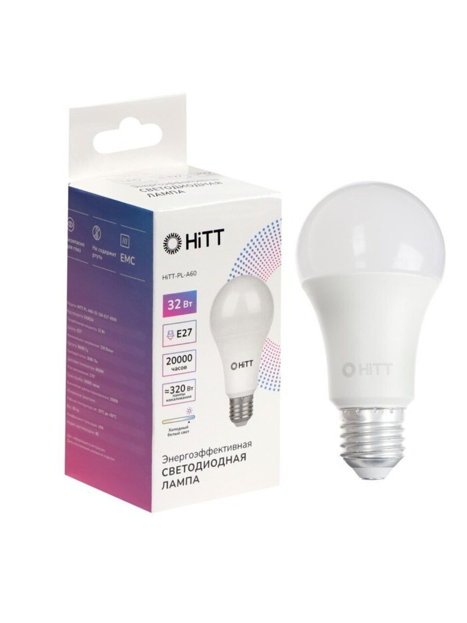 Лампа светодиодная E27, 32 Вт, 320 Вт, 230 В, груша, 6500 К, холодный белый свет, HiTT, HiTT-PL-A60, A60, 1010024