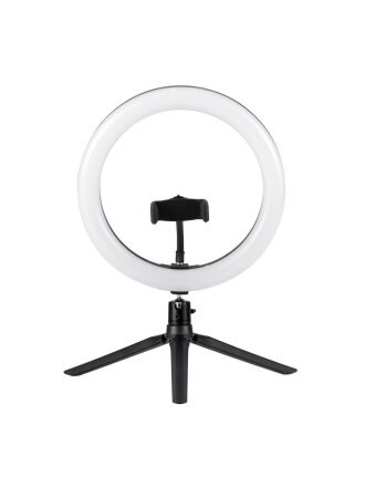 Светильник светодиодный с кольцевым плафоном и держателем смартфона на треноге, 10 Вт, с USB, черный, абажур белый, Camelion