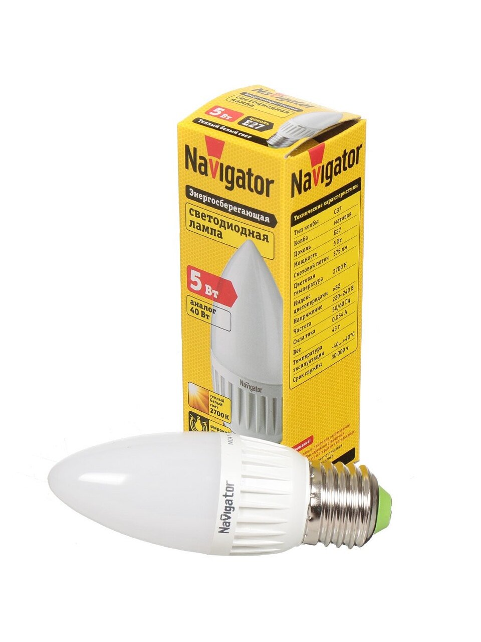 Лампа светодиодная E27, 5 Вт, 40 Вт, 220 В, свеча, 2700 К, теплый белый свет, Navigator, 94481