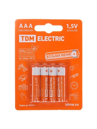 Батарейка TDM Electric, ААА (LR03, 24A), Alkaline, щелочная, 1.5 В, блистер, 4 шт, SQ1702-0006