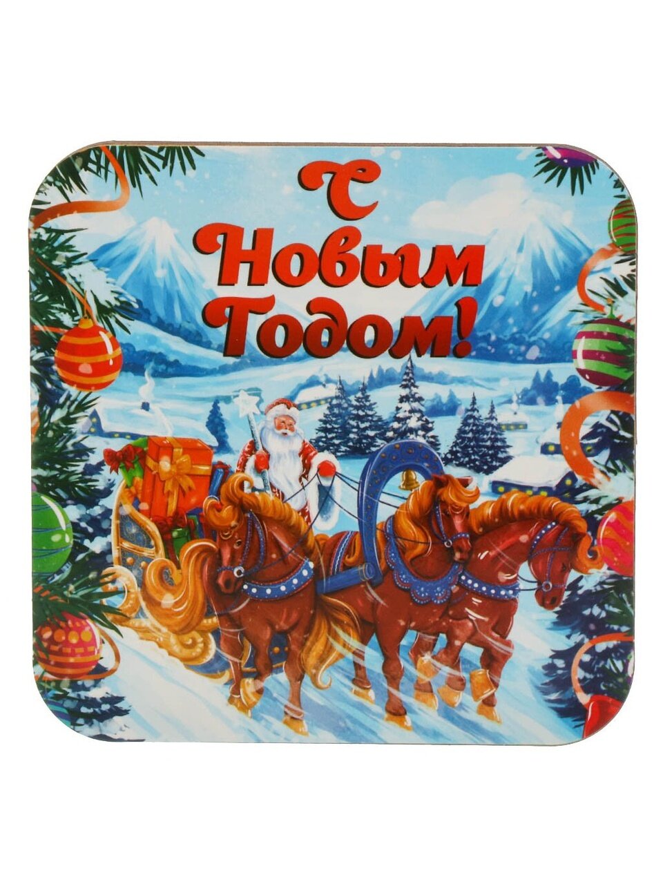 Подставка под горячее, дерево, квадратная, 14.5 см, НГ 2025, Дед Мороз на конях, В-45