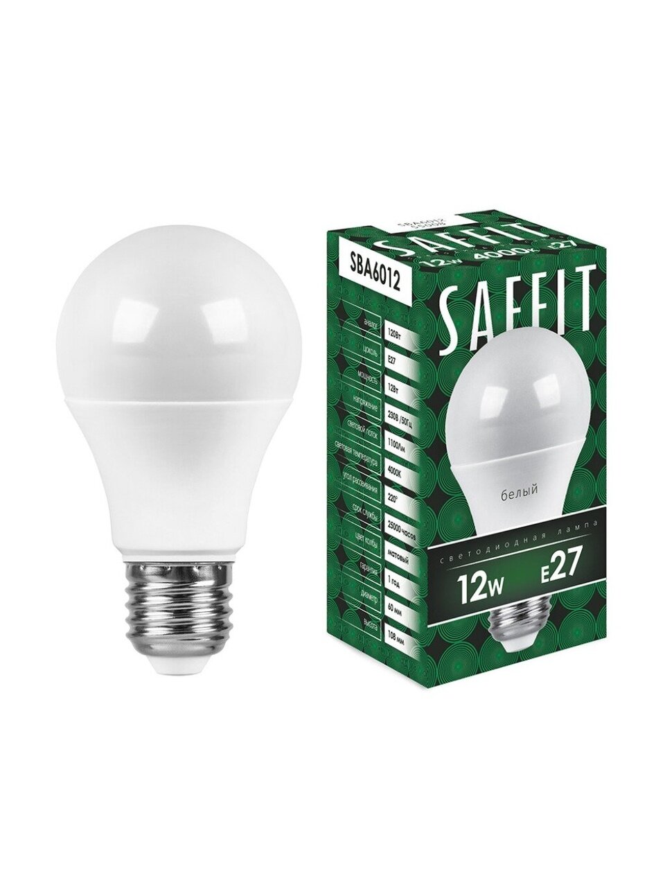 Лампа светодиодная E27, 12 Вт, 120 Вт, 230 В, груша, 4000 К, нейтральный белый свет, Saffit, CBA6012, A60, 55008