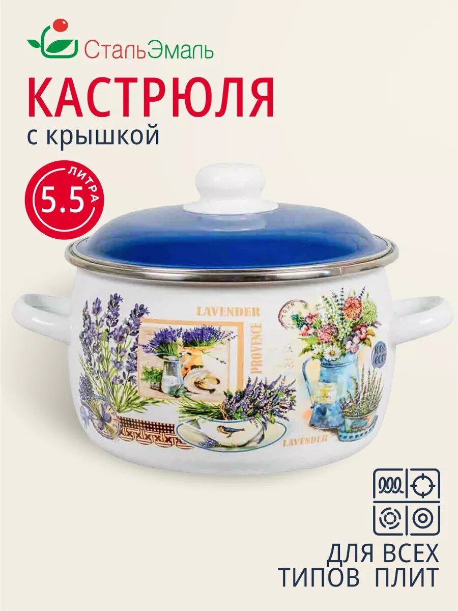 Кастрюля эмалированная сталь, 5.5 л, крышка сталь, сферический, СтальЭмаль, Горная лаванда, 6RC221M, индукция