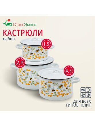 Набор посуды эмалированная сталь, 3 предмета, кастрюли 1.5, 2.9, 4.5 л, индукция, СтальЭмаль, Пчелы, 1с33