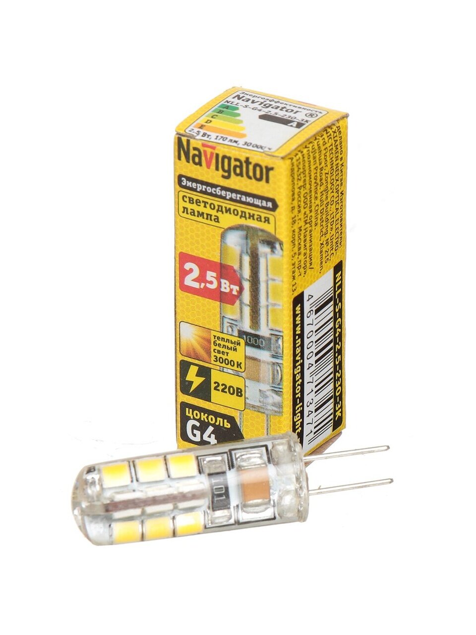 Лампа светодиодная G4, 2.5 Вт, 30 Вт, 220 В, капсула, 3000 К, теплый белый свет, Navigator, 71347