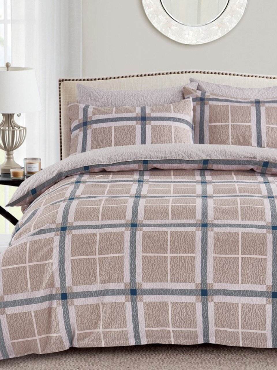 Постельное белье евро, простыня 220х240 см, 2 наволочки 70х70 см, пододеяльник 200х220 см, Silvano, поплин, бежевое, Клетка 30/406-PC/SLV