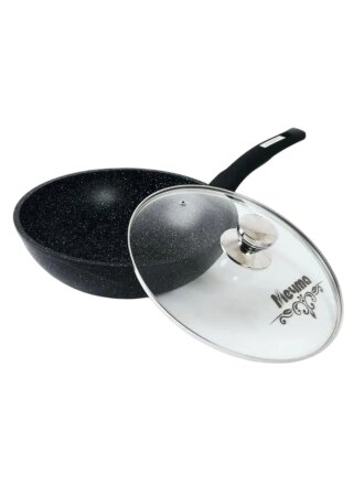 Сковорода-вок литой алюминий, 28 см, антипригарное покрытие, Мечта, Гранит black, с крышкой, с78802