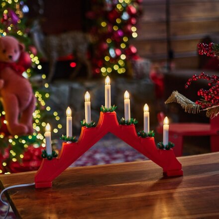 Подсвечник декоративный пластик, 41х29.5 см, красный, Uniel, 7 миниламп, белый свет, UL-00007387