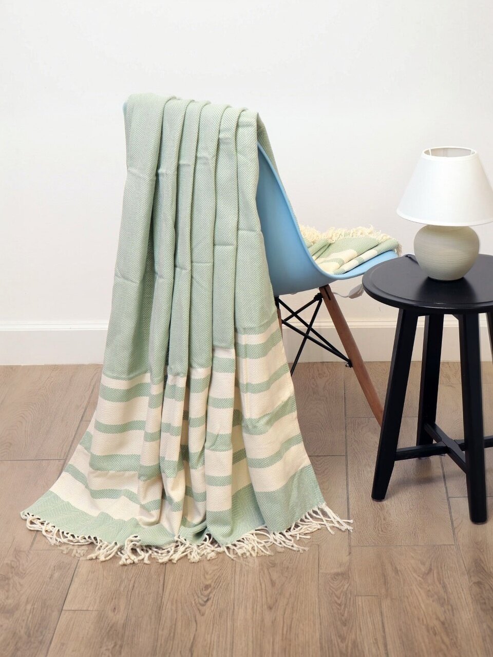 Плед 1.5-спальный, 145х160 см, 20 см кисти, 100% хлопок, Silvano, мятный, С 4915