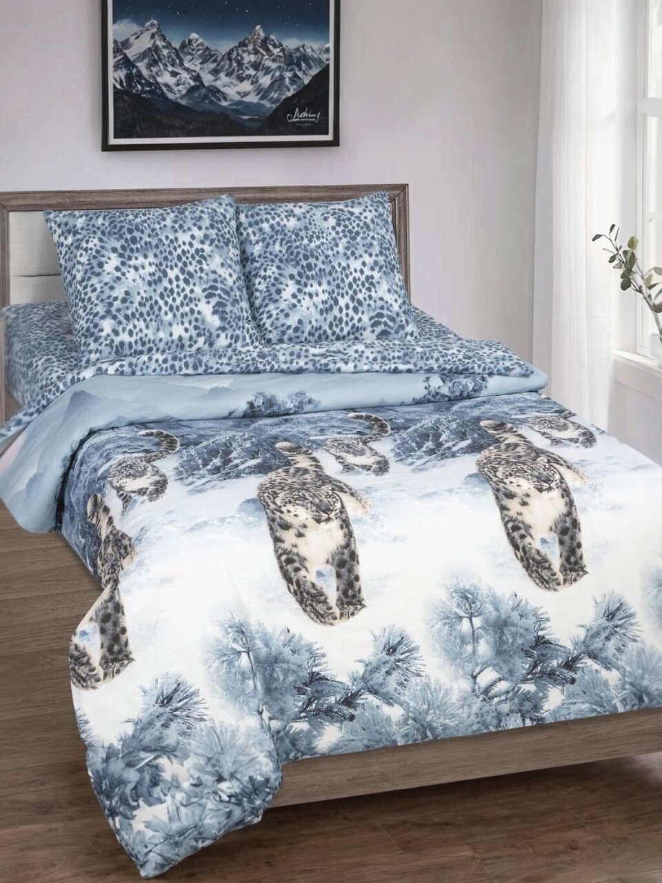 Постельное белье 2-спальное, простыня 200х215 см, 2 наволочки 70х70 см, пододеяльник 175х215 см, АртПостель, поплин, Снежный барс